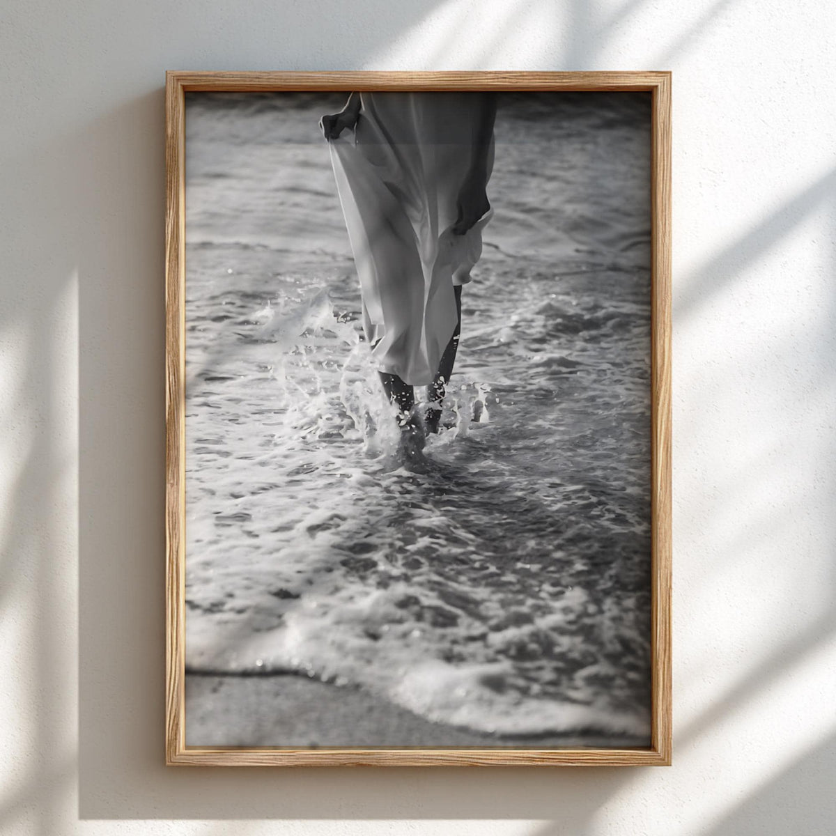 White Dress Wading Shoreline Poster | Black and White Photography Print | Vintage Beach Wall Art | Retro Coastal Lifestyle Decor