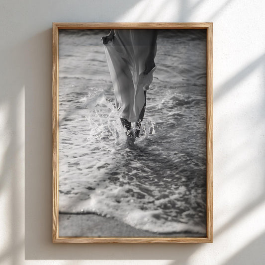 White Dress Wading Shoreline Poster | Black and White Photography Print | Vintage Beach Wall Art | Retro Coastal Lifestyle Decor