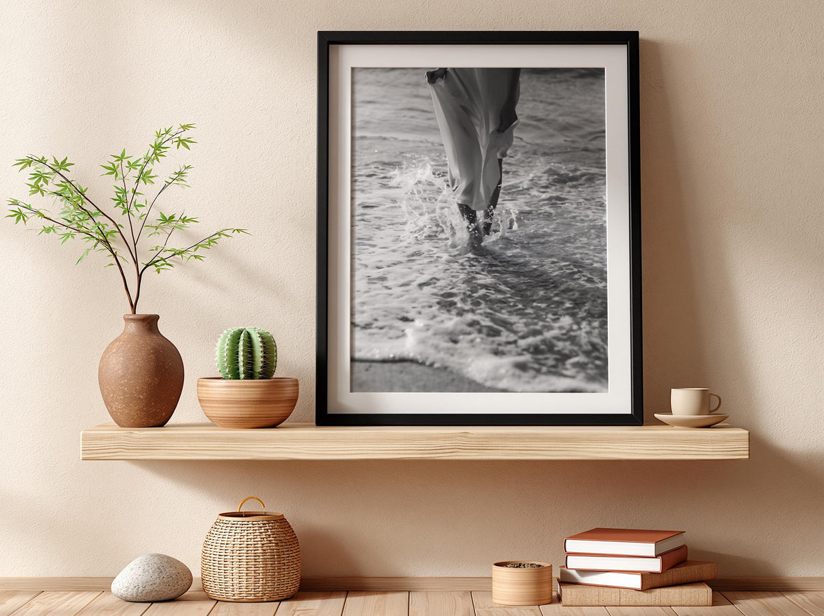 White Dress Wading Shoreline Poster | Black and White Photography Print | Vintage Beach Wall Art | Retro Coastal Lifestyle Decor