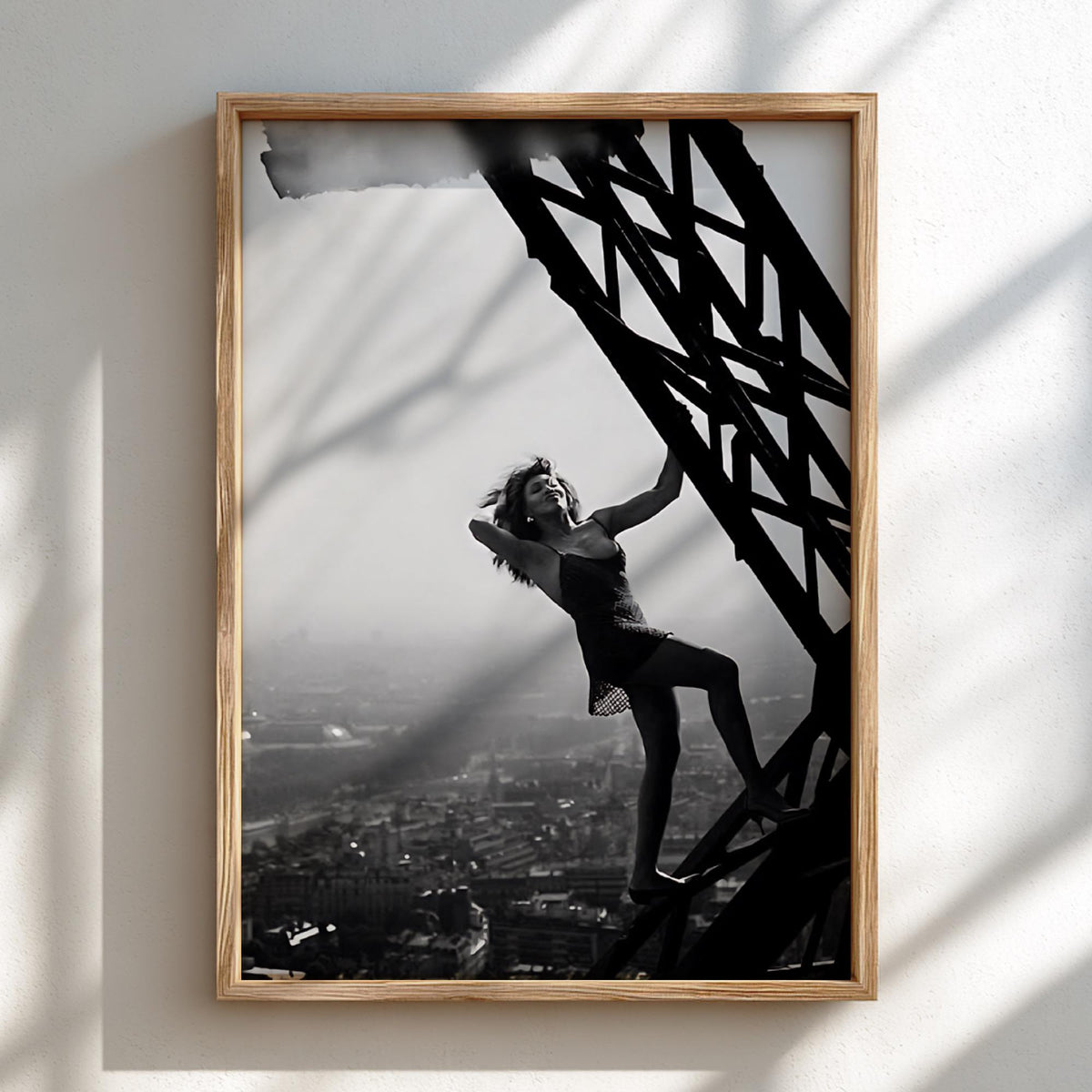 Woman Climbing Eiffel Tower Poster | Black and White Photography Print | Vintage Paris Wall Art | Retro Travel Decor