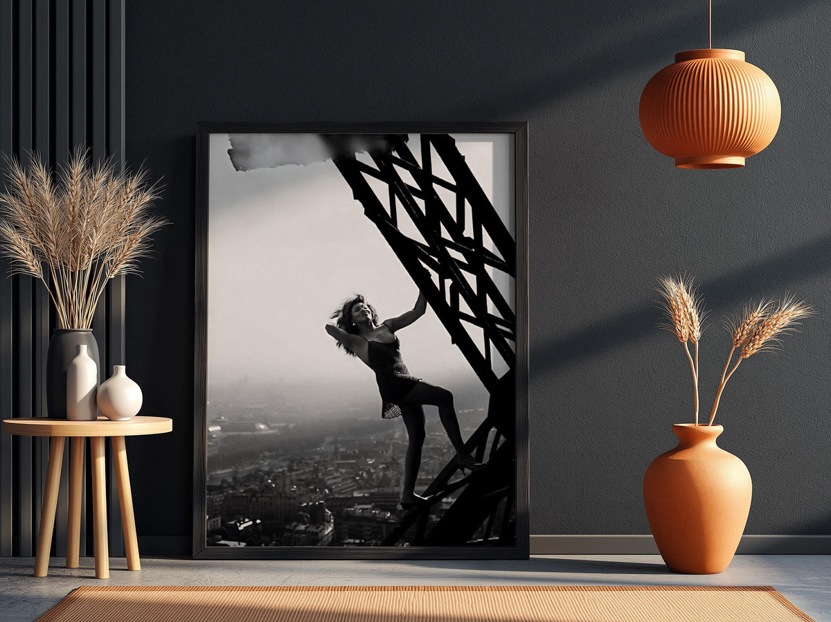 Woman Climbing Eiffel Tower Poster | Black and White Photography Print | Vintage Paris Wall Art | Retro Travel Decor