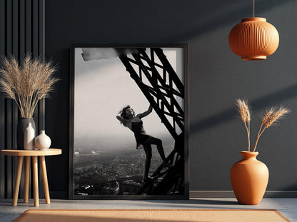 Woman Climbing Eiffel Tower Poster | Black and White Photography Print | Vintage Paris Wall Art | Retro Travel Decor