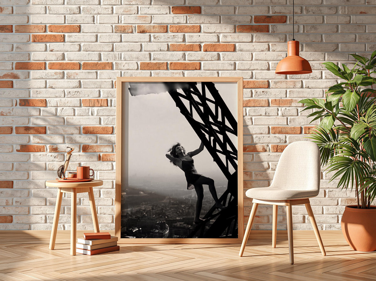 Woman Climbing Eiffel Tower Poster | Black and White Photography Print | Vintage Paris Wall Art | Retro Travel Decor