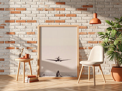 Woman Dock Watching Warplane Poster | Black and White Photography Print | Vintage Aviation Wall Art | Retro Military Decor