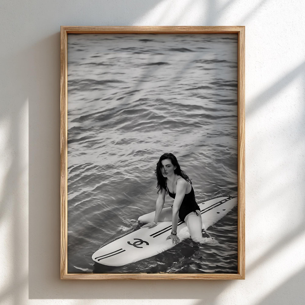 Woman On Surfboard Ocean Poster | Black and White Photography Print | Vintage Surf Wall Art | Retro Coastal Lifestyle Decor