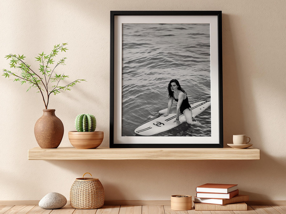Woman On Surfboard Ocean Poster | Black and White Photography Print | Vintage Surf Wall Art | Retro Coastal Lifestyle Decor