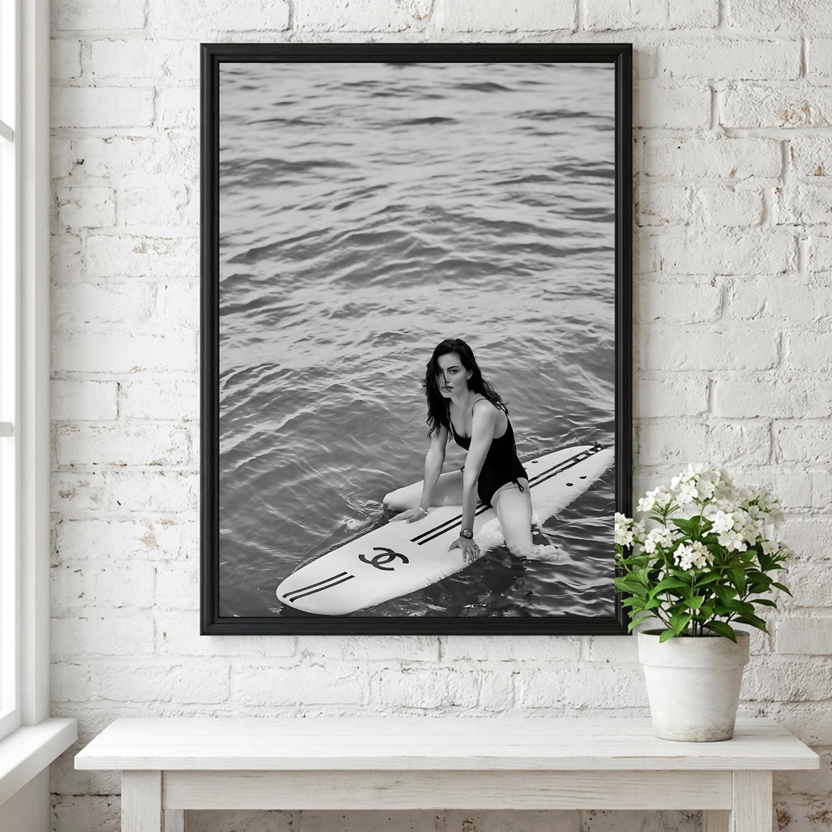 Woman On Surfboard Ocean Poster | Black and White Photography Print | Vintage Surf Wall Art | Retro Coastal Lifestyle Decor