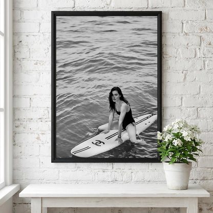 Woman On Surfboard Ocean Poster | Black and White Photography Print | Vintage Surf Wall Art | Retro Coastal Lifestyle Decor