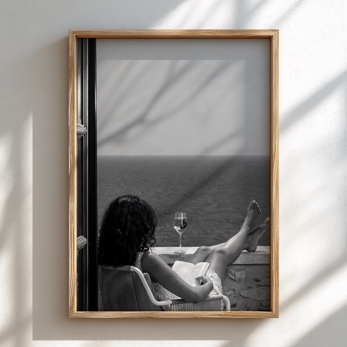 Woman Reading Seaside Balcony Poster | Black and White Photography Print | Vintage Coastal Wall Art | Retro Lifestyle Decor
