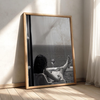 Woman Reading Seaside Balcony Poster | Black and White Photography Print | Vintage Coastal Wall Art | Retro Lifestyle Decor