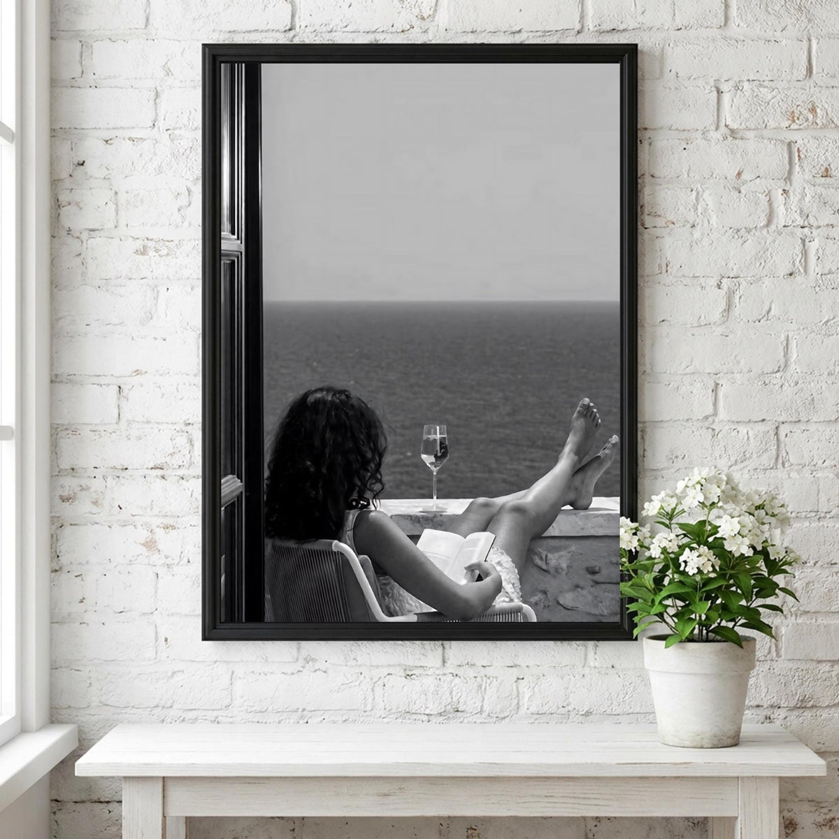Woman Reading Seaside Balcony Poster | Black and White Photography Print | Vintage Coastal Wall Art | Retro Lifestyle Decor