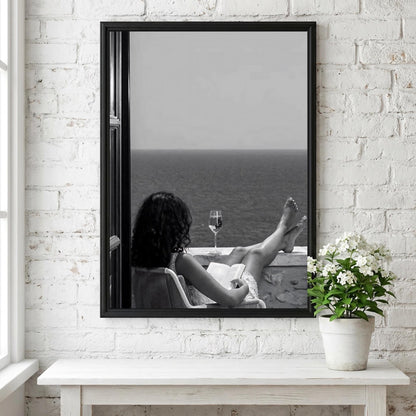 Woman Reading Seaside Balcony Poster | Black and White Photography Print | Vintage Coastal Wall Art | Retro Lifestyle Decor