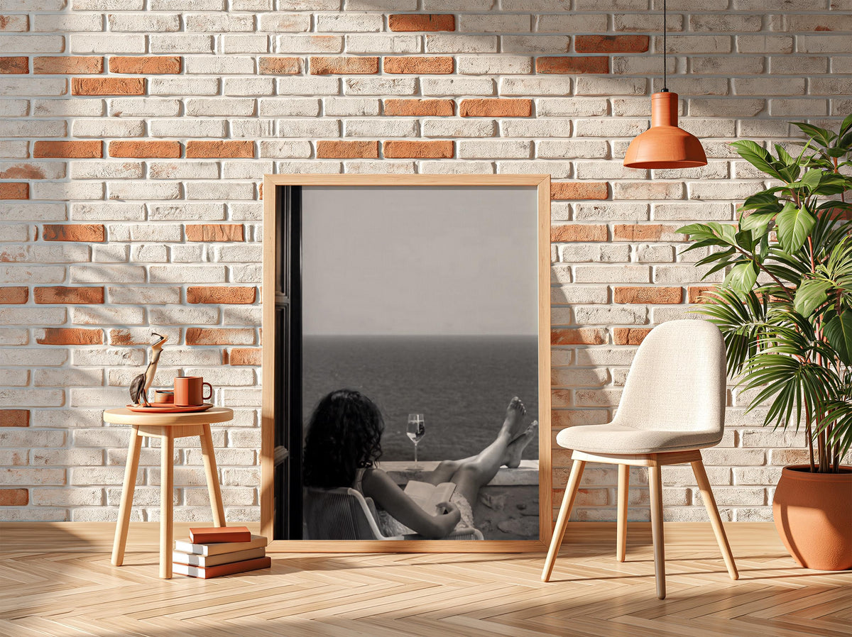 Woman Reading Seaside Balcony Poster | Black and White Photography Print | Vintage Coastal Wall Art | Retro Lifestyle Decor
