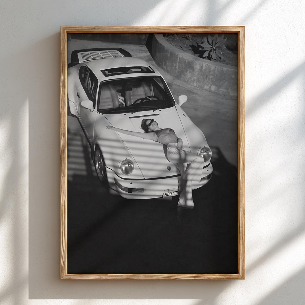 Woman Reclining On Car Hood Poster | Black and White Photography Print | Vintage Luxury Car Wall Art | Retro Lifestyle Decor