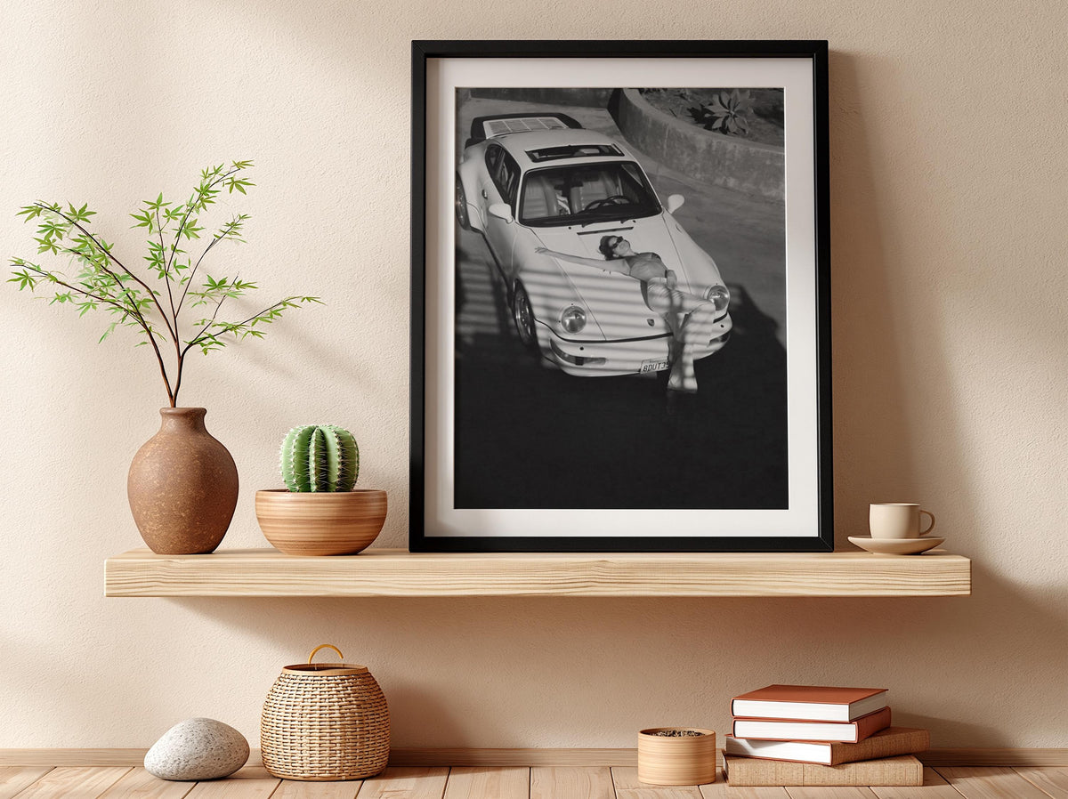 Woman Reclining On Car Hood Poster | Black and White Photography Print | Vintage Luxury Car Wall Art | Retro Lifestyle Decor