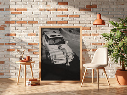 Woman Reclining On Car Hood Poster | Black and White Photography Print | Vintage Luxury Car Wall Art | Retro Lifestyle Decor