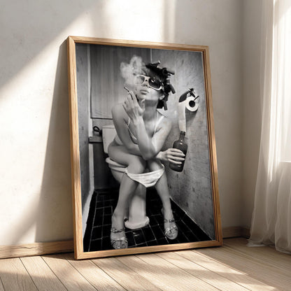 Woman Smoking Curlers Bathroom Poster | Black and White Photography Print | Vintage Humor Wall Art | Retro Glam Decor