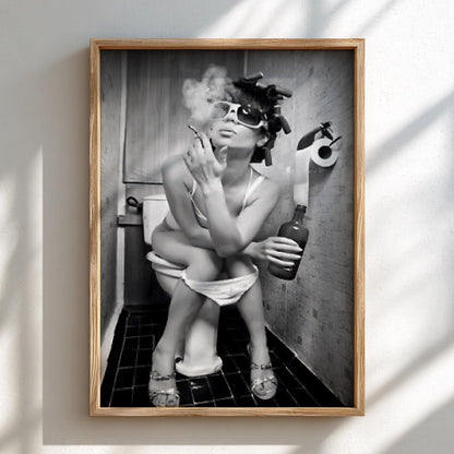 Woman Smoking Curlers Bathroom Poster | Black and White Photography Print | Vintage Humor Wall Art | Retro Glam Decor