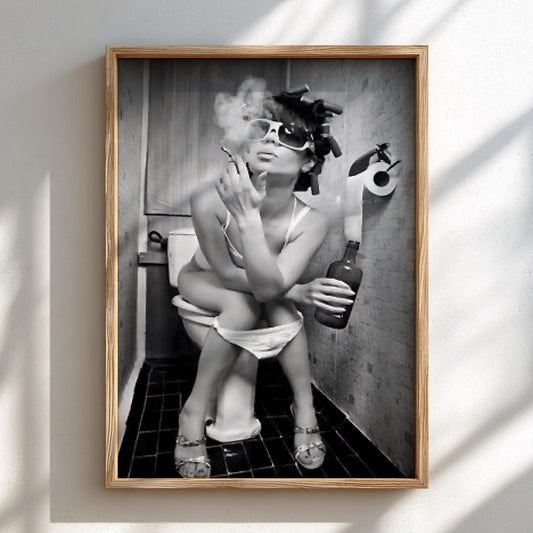 Woman Smoking Curlers Bathroom Poster | Black and White Photography Print | Vintage Humor Wall Art | Retro Glam Decor
