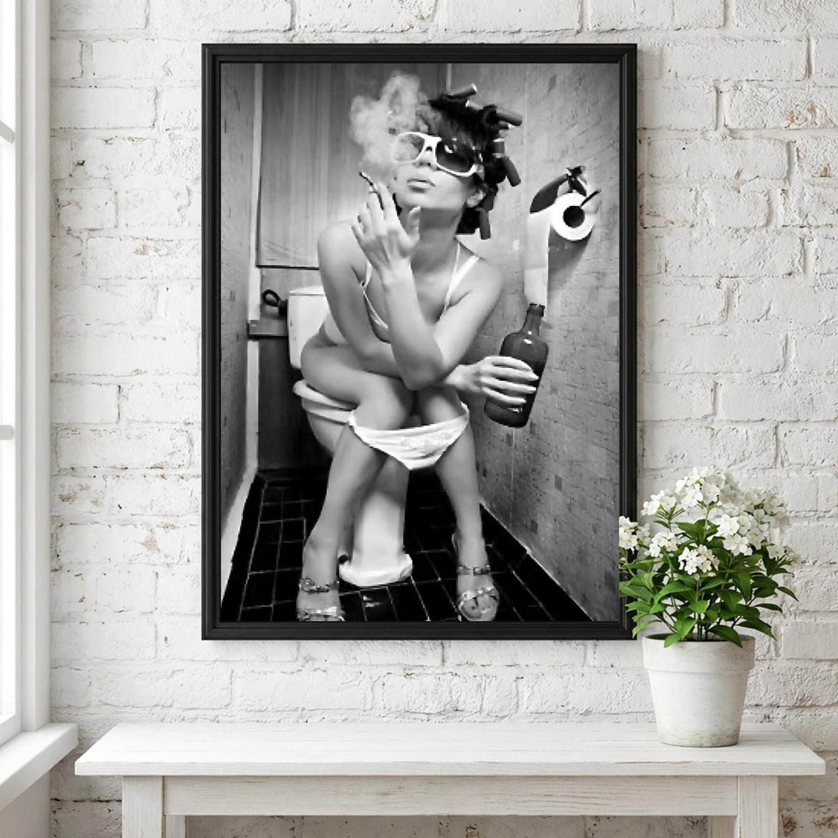 Woman Smoking Curlers Bathroom Poster | Black and White Photography Print | Vintage Humor Wall Art | Retro Glam Decor