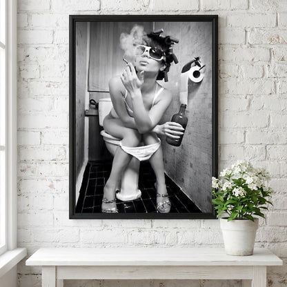 Woman Smoking Curlers Bathroom Poster | Black and White Photography Print | Vintage Humor Wall Art | Retro Glam Decor