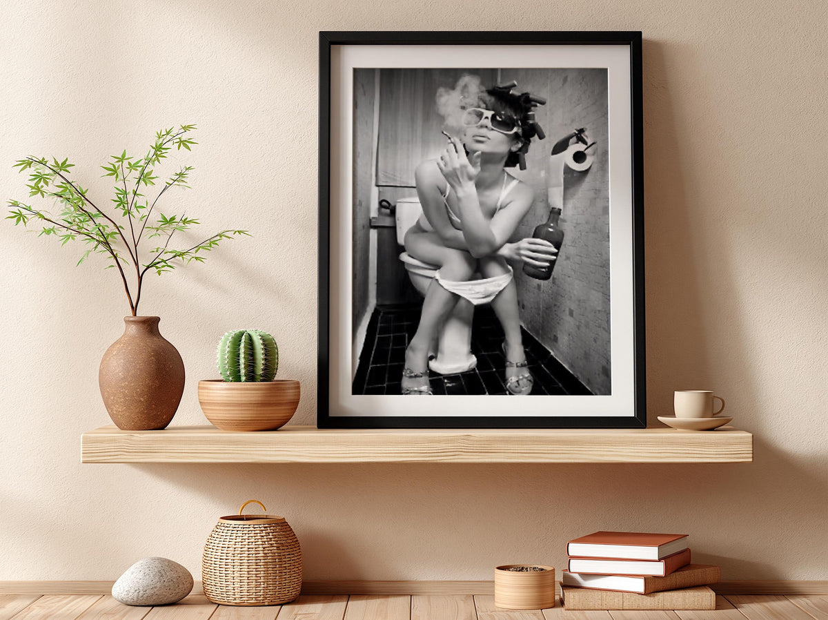 Woman Smoking Curlers Bathroom Poster | Black and White Photography Print | Vintage Humor Wall Art | Retro Glam Decor