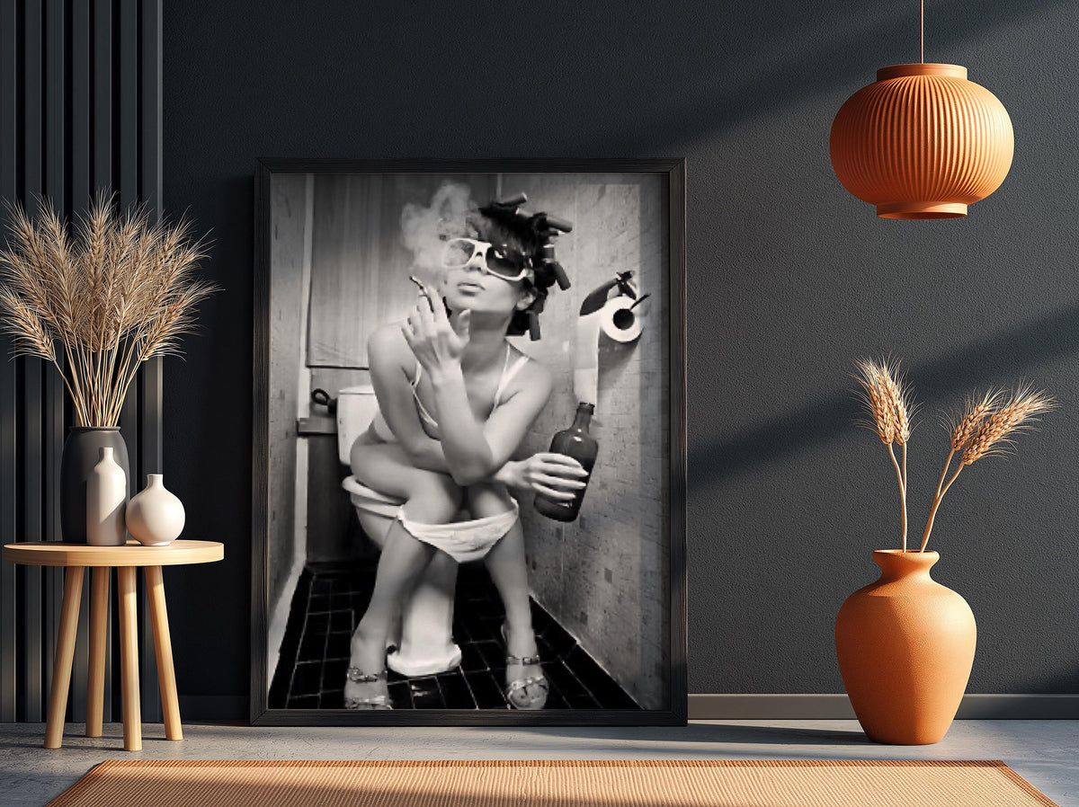 Woman Smoking Curlers Bathroom Poster | Black and White Photography Print | Vintage Humor Wall Art | Retro Glam Decor