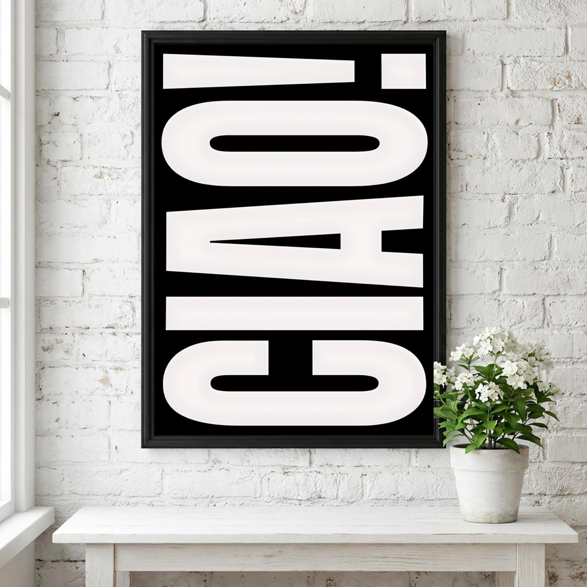 Ciao in White | Minimalist Italian Wall Art Print | Modern White Typography Poster | Elegant Home Decor for Dark Walls Bedroom Bar Style