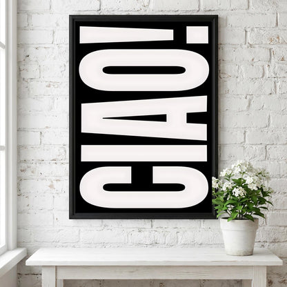 Ciao in White | Minimalist Italian Wall Art Print | Modern White Typography Poster | Elegant Home Decor for Dark Walls Bedroom Bar Style