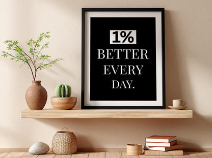 1% Better Every Day Poster | Motivational Wall Art | Self Improvement Quote | Discipline Mindset Print | Minimalist Office Decor