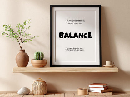 Balance Poster | Dictionary Definition Print | Minimalist Word Wall Art | Modern Typography Decor | Mindful Home Design