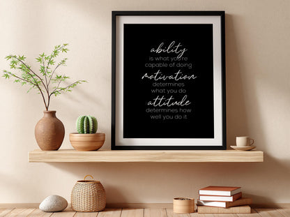 Ability Motivation Attitude Poster | Powerful Black Wall Art | Success Mindset Quote Print | Bold Typography Decor | Motivation Design