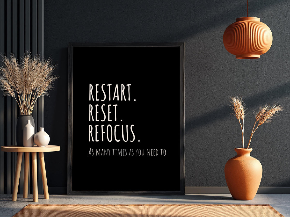 Restart Reset Refocus Poster | Powerful Black Wall Art | Motivational Quote Print | Mindset Reset Decor | Bold Typography Design