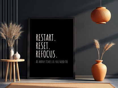 Restart Reset Refocus Poster | Powerful Black Wall Art | Motivational Quote Print | Mindset Reset Decor | Bold Typography Design