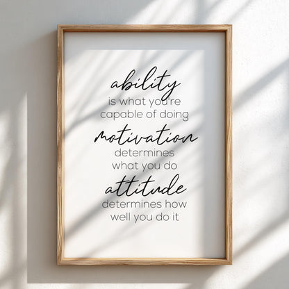 Ability Motivation Attitude Poster | Powerful White Wall Art | Motivational Quote Print | Mindset Decor | Bold Typography Design