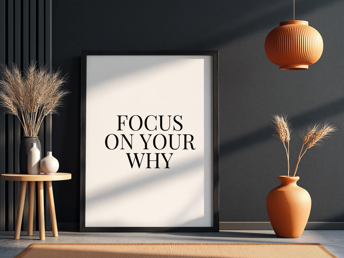 Focus On Your Why Poster | Powerful White Wall Art | Motivational Quote Print | Purpose Mindset Decor | Bold Typography Design