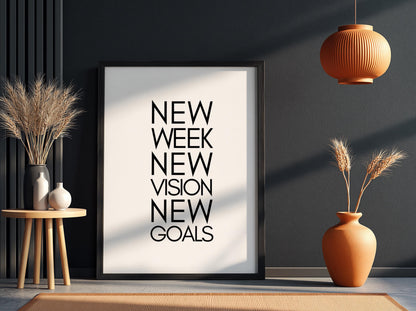 New Week Vision Goals Poster | White Minimalist Wall Art Print | Weekly Motivation & Goal Setting Decor | Clean Typography Design