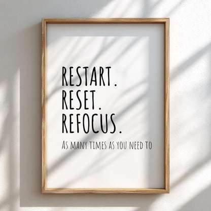 Restart Reset Refocus Poster | White Minimalist Wall Art Print | Motivational Quote | Mindset Reset Decor | Clean Typography Design