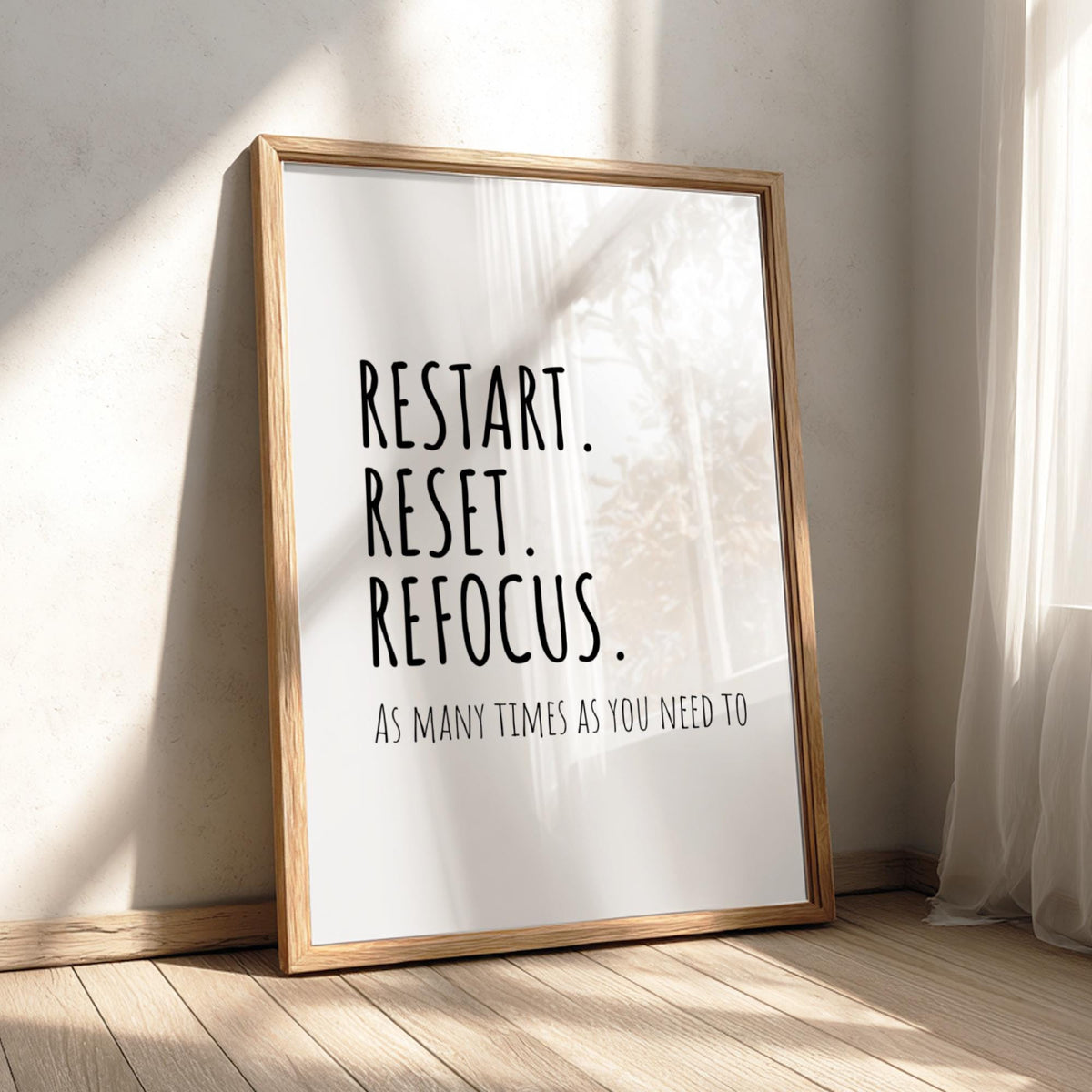 Restart Reset Refocus Poster | White Minimalist Wall Art Print | Motivational Quote | Mindset Reset Decor | Clean Typography Design