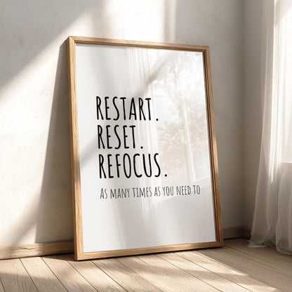 Restart Reset Refocus Poster | White Minimalist Wall Art Print | Motivational Quote | Mindset Reset Decor | Clean Typography Design