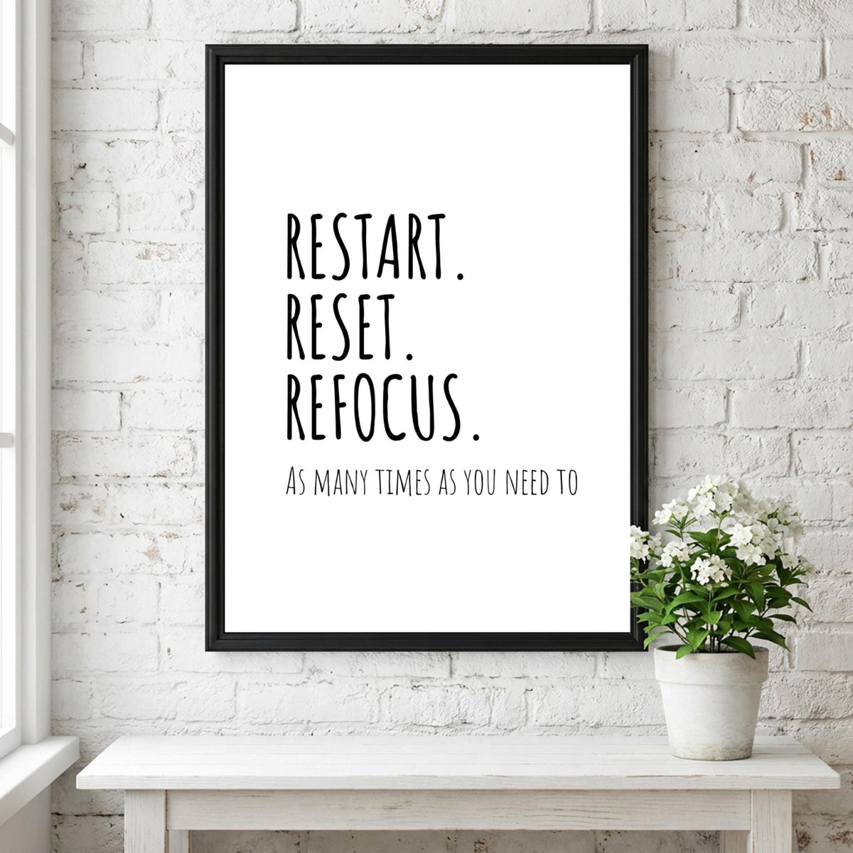 Restart Reset Refocus Poster | White Minimalist Wall Art Print | Motivational Quote | Mindset Reset Decor | Clean Typography Design