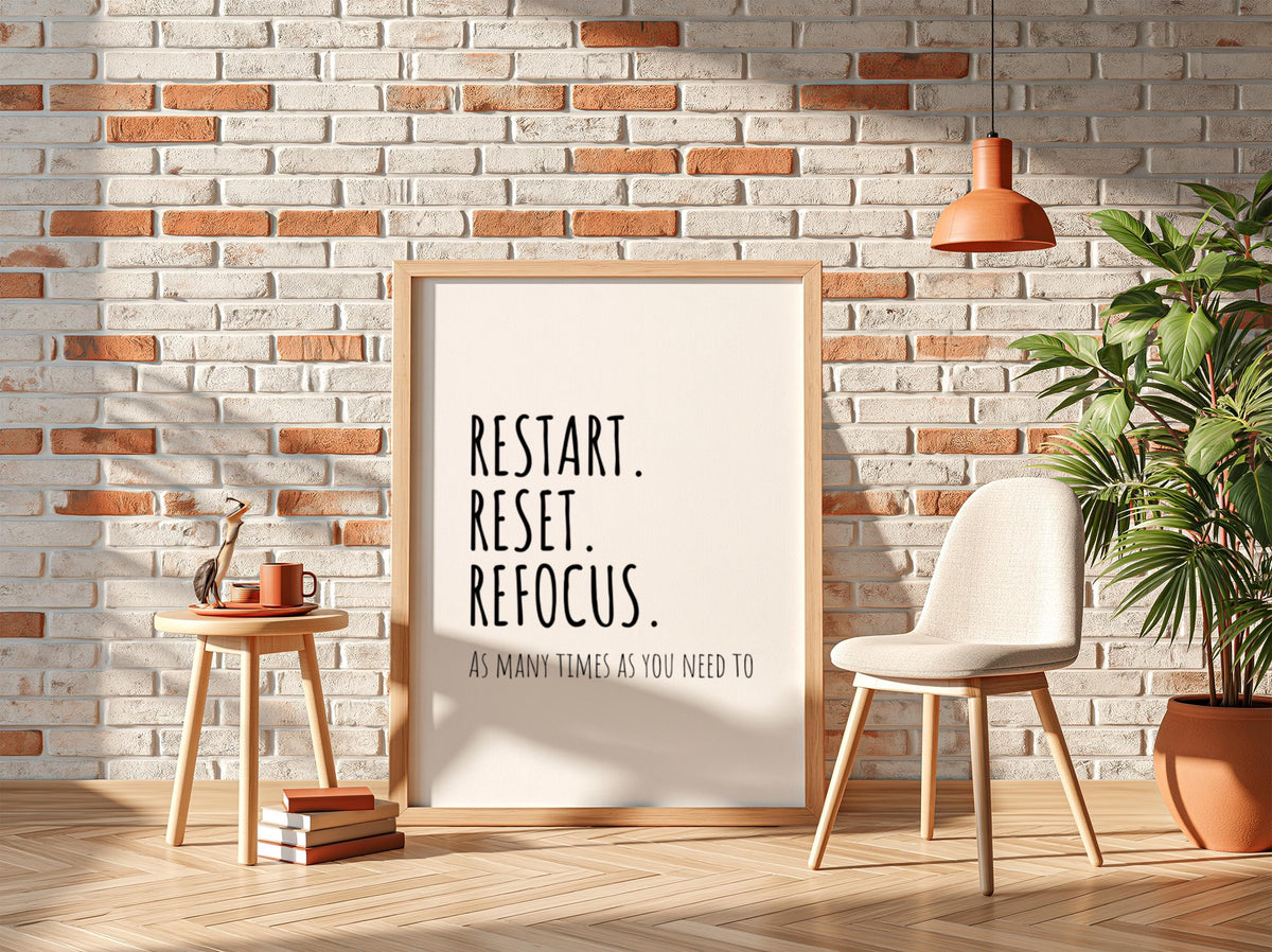 Restart Reset Refocus Poster | White Minimalist Wall Art Print | Motivational Quote | Mindset Reset Decor | Clean Typography Design