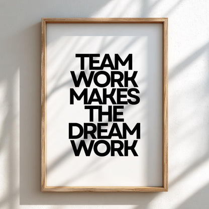 Team Work Poster | White Minimalist Wall Art Print | Motivational Quote | Collaboration & Leadership Decor | Clean Typography Design