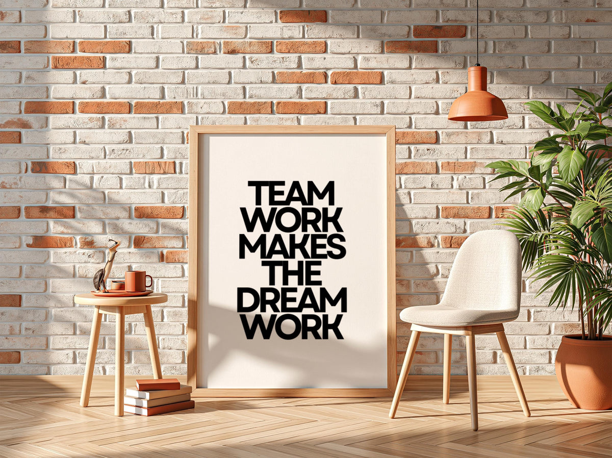 Team Work Poster | White Minimalist Wall Art Print | Motivational Quote | Collaboration & Leadership Decor | Clean Typography Design