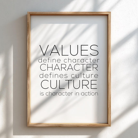 Values Character Culture Poster | White Minimalist Wall Art Print | Motivational Quote | Leadership & Identity Decor