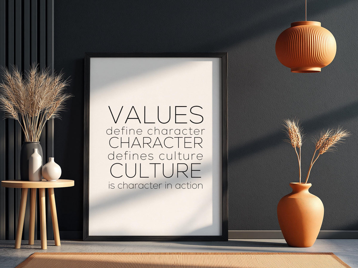 Values Character Culture Poster | White Minimalist Wall Art Print | Motivational Quote | Leadership & Identity Decor