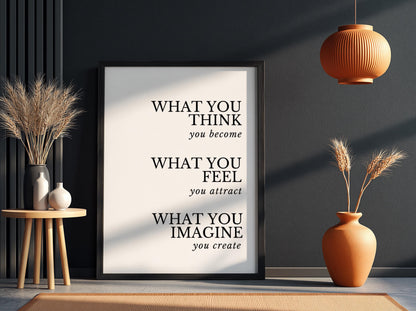 What You Think You Become Poster | White Minimalist Wall Art Print | Motivational Quote | Mindset & Self Growth Decor