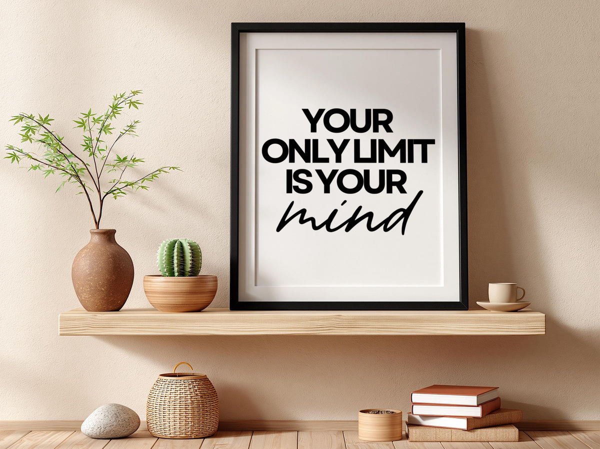 Your Only Limit Is Your Mind Poster | White Minimalist Wall Art Print | Motivational Quote | Mindset & Self Belief Decor
