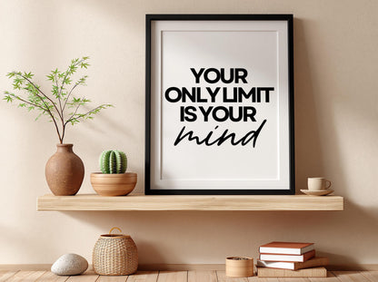 Your Only Limit Is Your Mind Poster | White Minimalist Wall Art Print | Motivational Quote | Mindset & Self Belief Decor