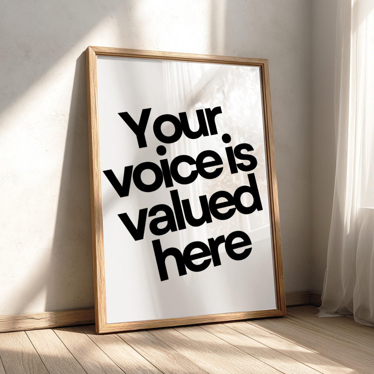 Your Voice Is Valued Here Poster | White Minimalist Wall Art Print | Motivational Quote | Inclusive Office & Mindset Decor